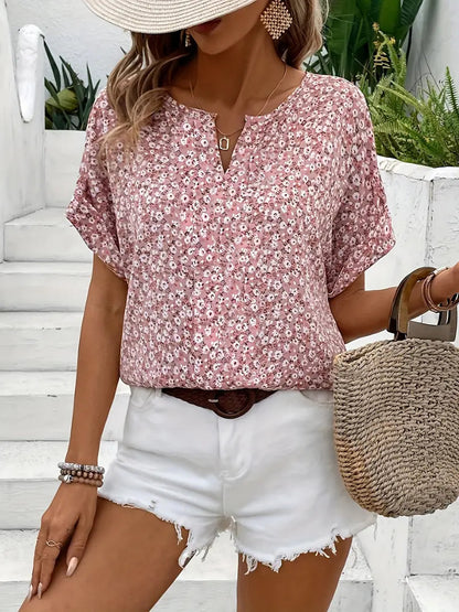 Women's Floral Short-Sleeve Button Top with Loose Casual Fit
