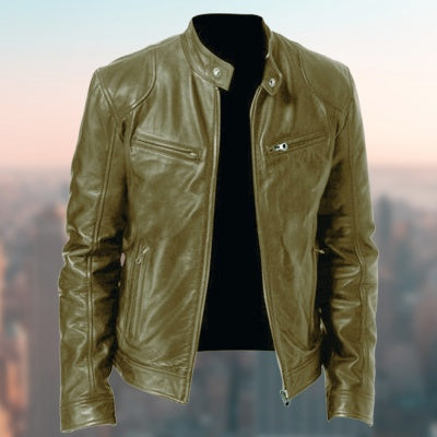 Men's Sleek Leather Jacket with Zip Closure and Stand Collar Design