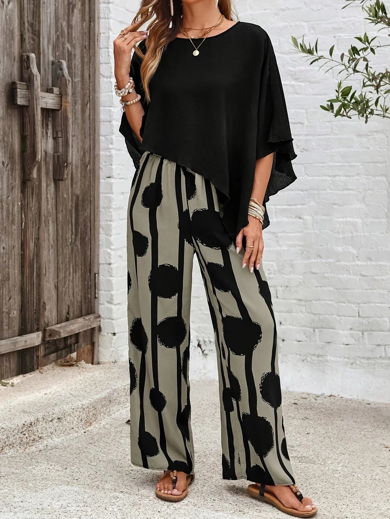 Women's Two-Piece Wide-Leg Pants and Asymmetrical Top Set