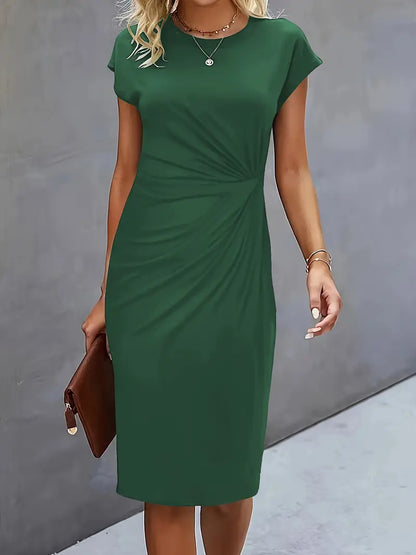Women's Knee-Length Sheath Dress with Ruched Waist and Cap Sleeves
