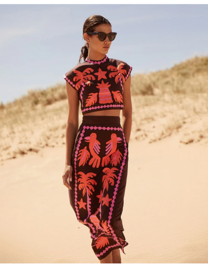 Women's Embroidered Crop Top and High-Waisted Skirt Two-Piece Set