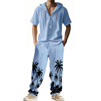 Men’s American Style Hooded Short-Sleeve Shirt & Trousers Set