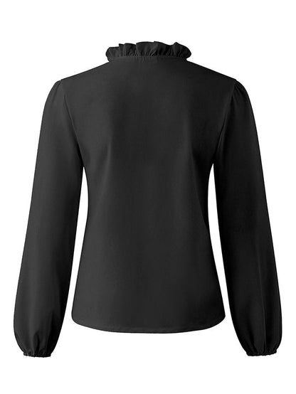 Women's V-Neck Long Sleeve Blouse with Ruffle Trim and Puff Sleeves