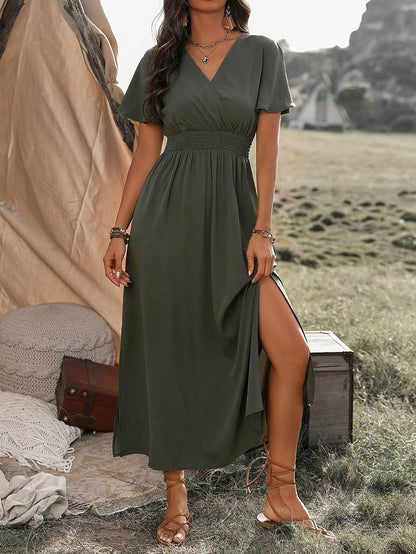 Women's V-Neck Maxi Dress with Elasticated Waist