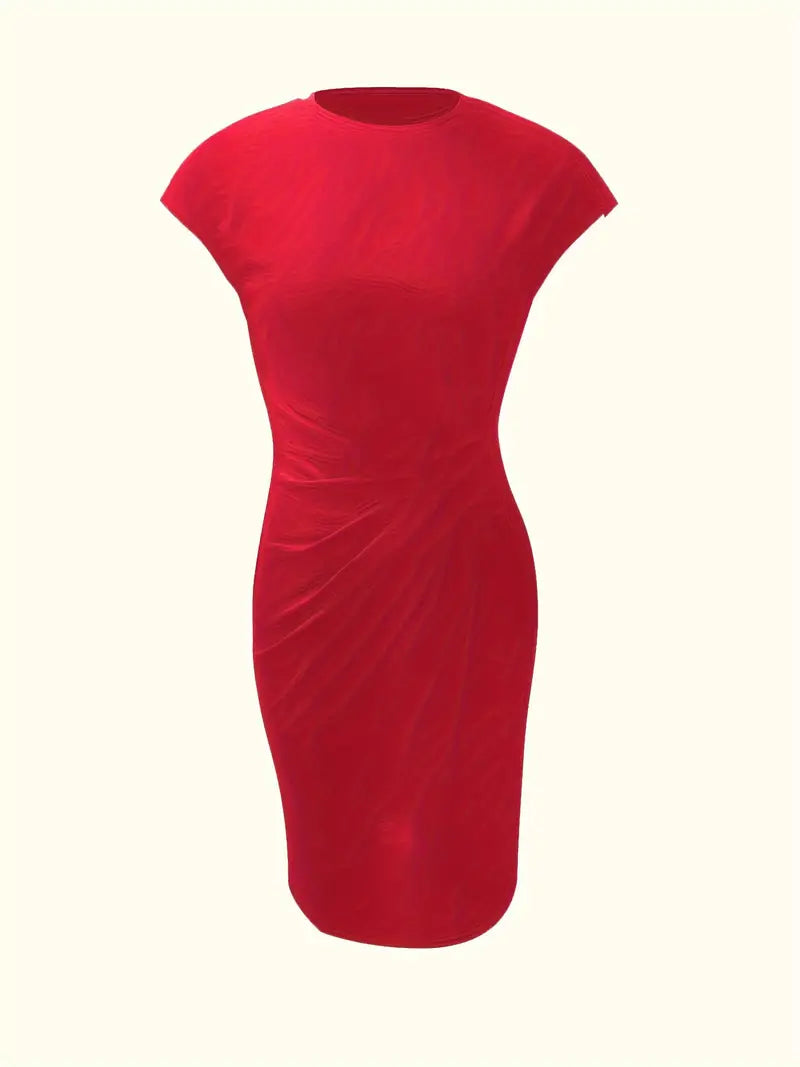 Women's Knee-Length Sheath Dress with Ruched Waist and Cap Sleeves
