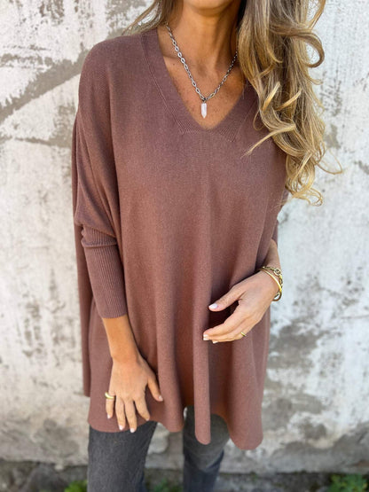 Women’s Oversized V-Neck Shirt with Drop Shoulders and Long Sleeves