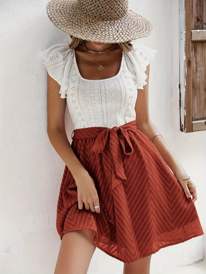 Women's Two-Tone Mini Dress with Eyelet Top and Waist Tie Skirt