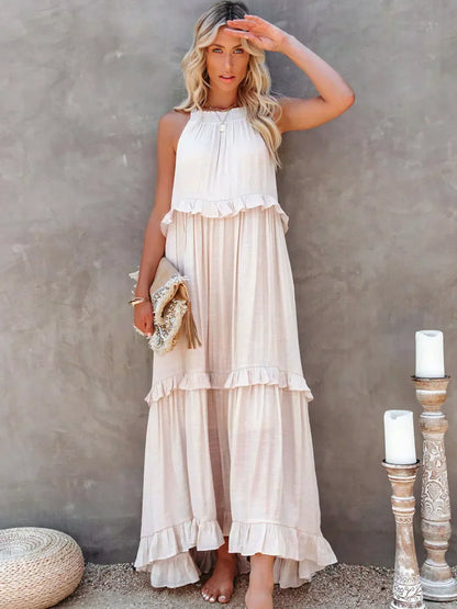 Women's Halterneck Maxi Dress with Ruffle Layers and Side Pockets