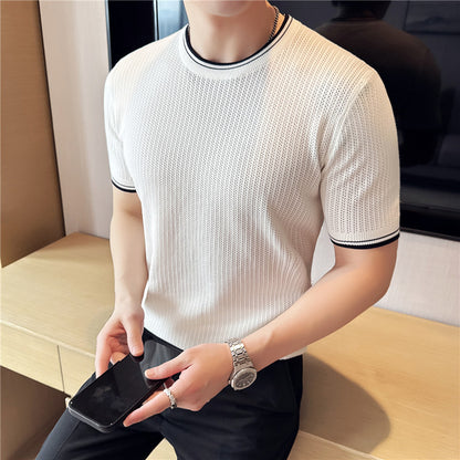Men’s Slim Fit Round Neck T-Shirt with Contrast Color Detail – Stretch Knitted Comfort