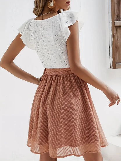 Women's Two-Tone Mini Dress with Eyelet Top and Waist Tie Skirt