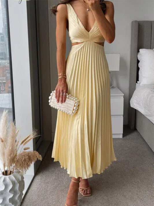 Elegant V-Neck Pleated Skirt Dress for Women