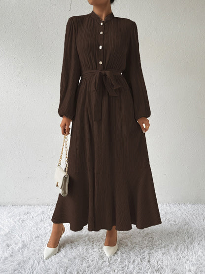 Women's Long-Sleeve Buttoned Maxi Dress with Waist Tie