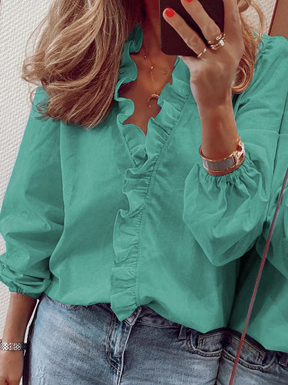 Women's V-Neck Long Sleeve Blouse with Ruffle Trim and Puff Sleeves