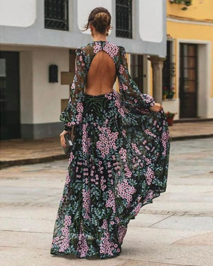 Women's Vintage Floral Maxi Dress with Open Back and Long Sleeves