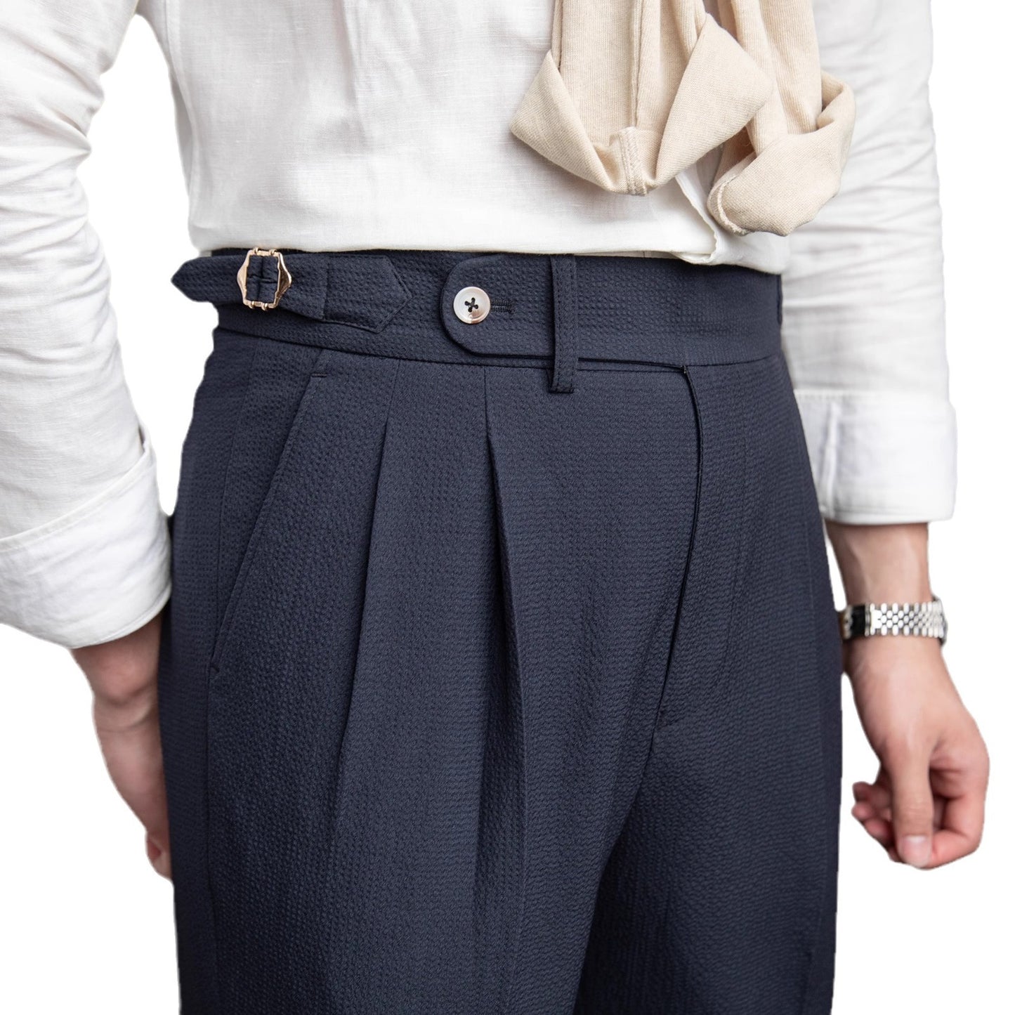 Men's High Waisted Work Trousers Pleated Ankle Length Classic Fit