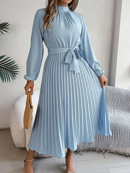 Women's Chic Pleated Midi Dress with Belted Waist