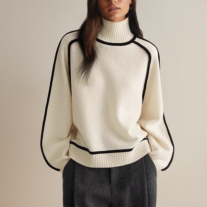 Women’s Oversized Turtleneck Sweater with Contrast Sleeve Trim