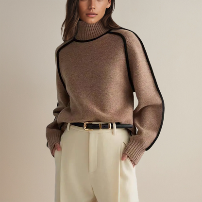 Women’s Oversized Turtleneck Sweater with Contrast Sleeve Trim