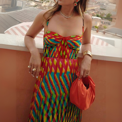 Women's Spaghetti Strap Maxi Dress with Multicolor Print and A-Line Silhouette