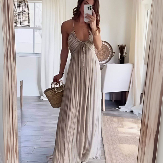 Women's Pleated Halter Maxi Dress with Drawstring Front