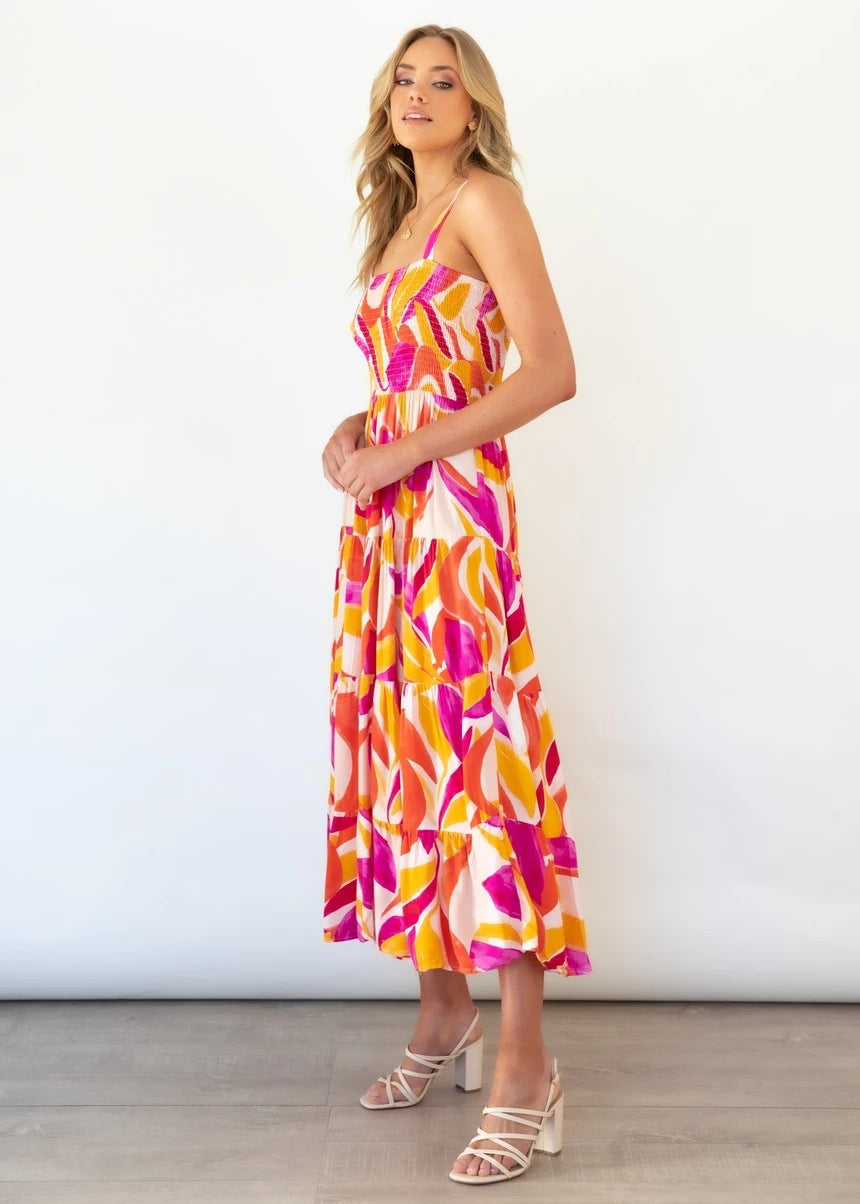 Women's Sleeveless Smocked Maxi Dress with Colorful Abstract Print