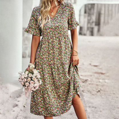 Women's Floral Midi Dress with Short Sleeves and V-Neck Design