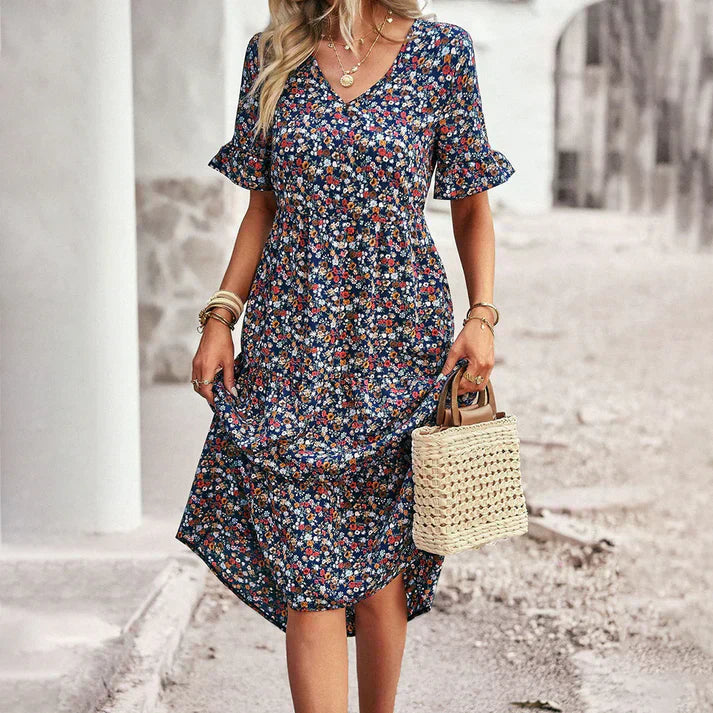 Women's Floral Midi Dress with Short Sleeves and V-Neck Design