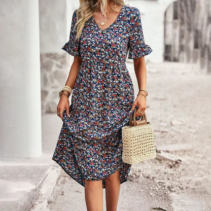 Women's Floral Midi Dress with Short Sleeves and V-Neck Design