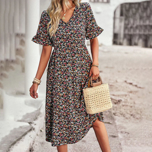Women's Floral Midi Dress with Short Sleeves and V-Neck Design