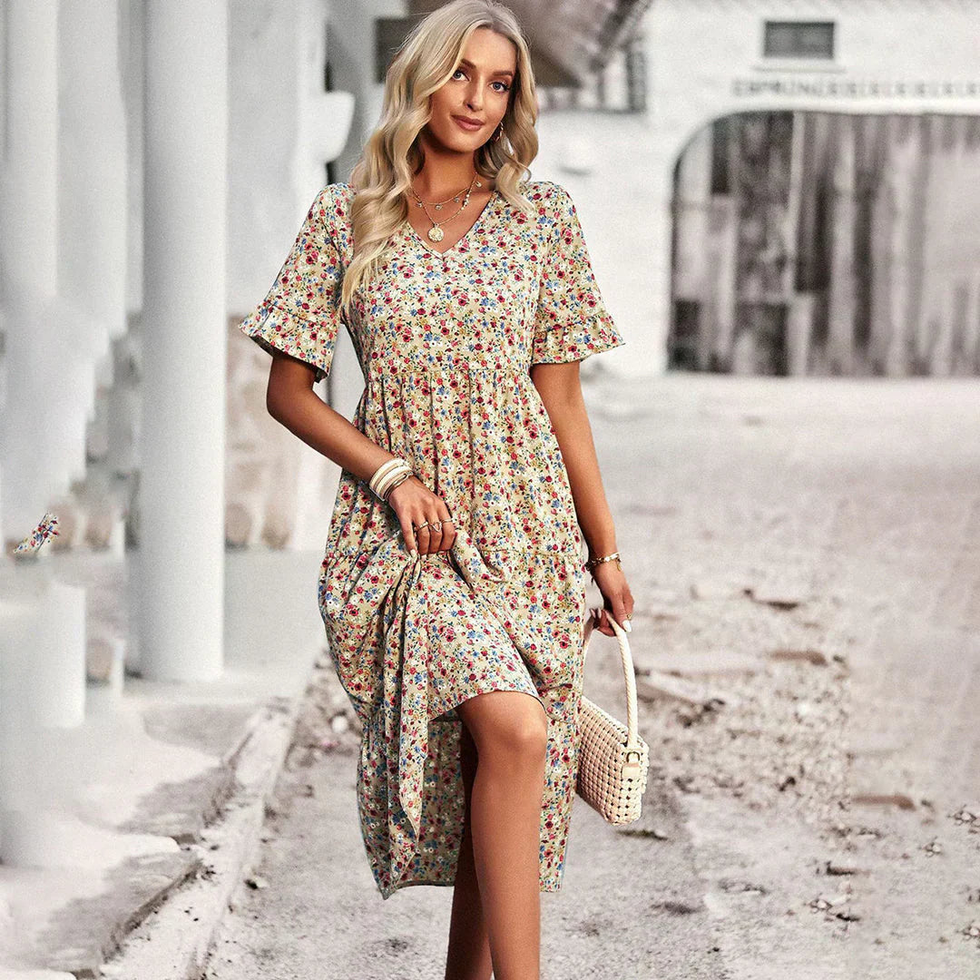 Women's Floral Midi Dress with Short Sleeves and V-Neck Design