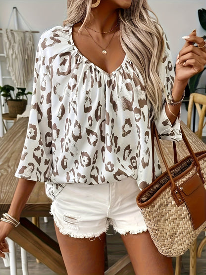 Women's Animal Print Blouse with V-Neck 3/4 Sleeves and Loose Fit