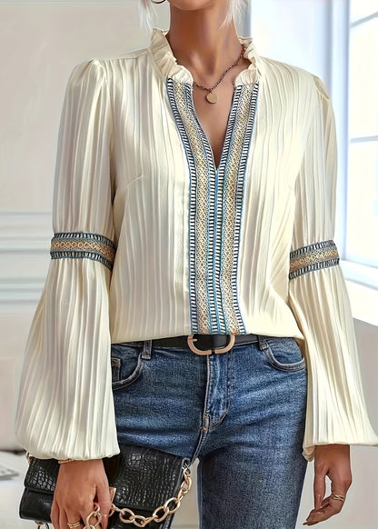 Women's Pleated Long-Sleeve Blouse with Embroidered Trim