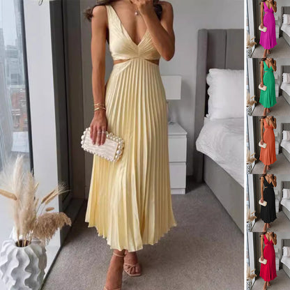 Elegant V-Neck Pleated Skirt Dress for Women