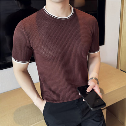 Men’s Slim Fit Round Neck T-Shirt with Contrast Color Detail – Stretch Knitted Comfort