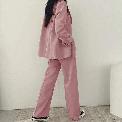 Women’s Tailored Two Piece Suit Set with Long Blazer and Straight-Leg Trousers