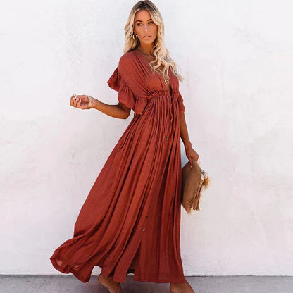 Women's Deep V-Neck Maxi Dress with Drawstring Waist and Buttons