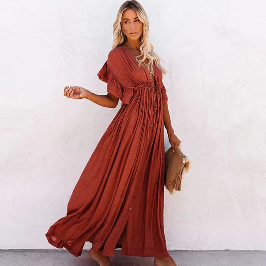 Women's Deep V-Neck Maxi Dress with Drawstring Waist and Buttons
