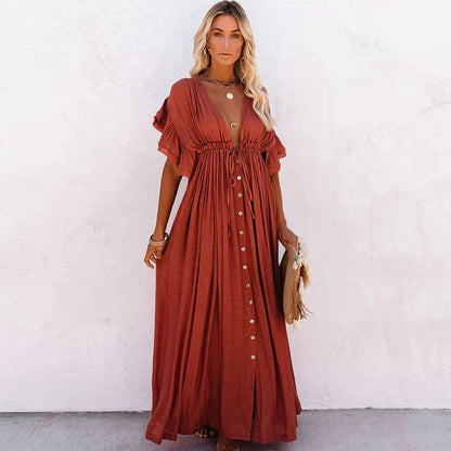 Women's Deep V-Neck Maxi Dress with Drawstring Waist and Buttons