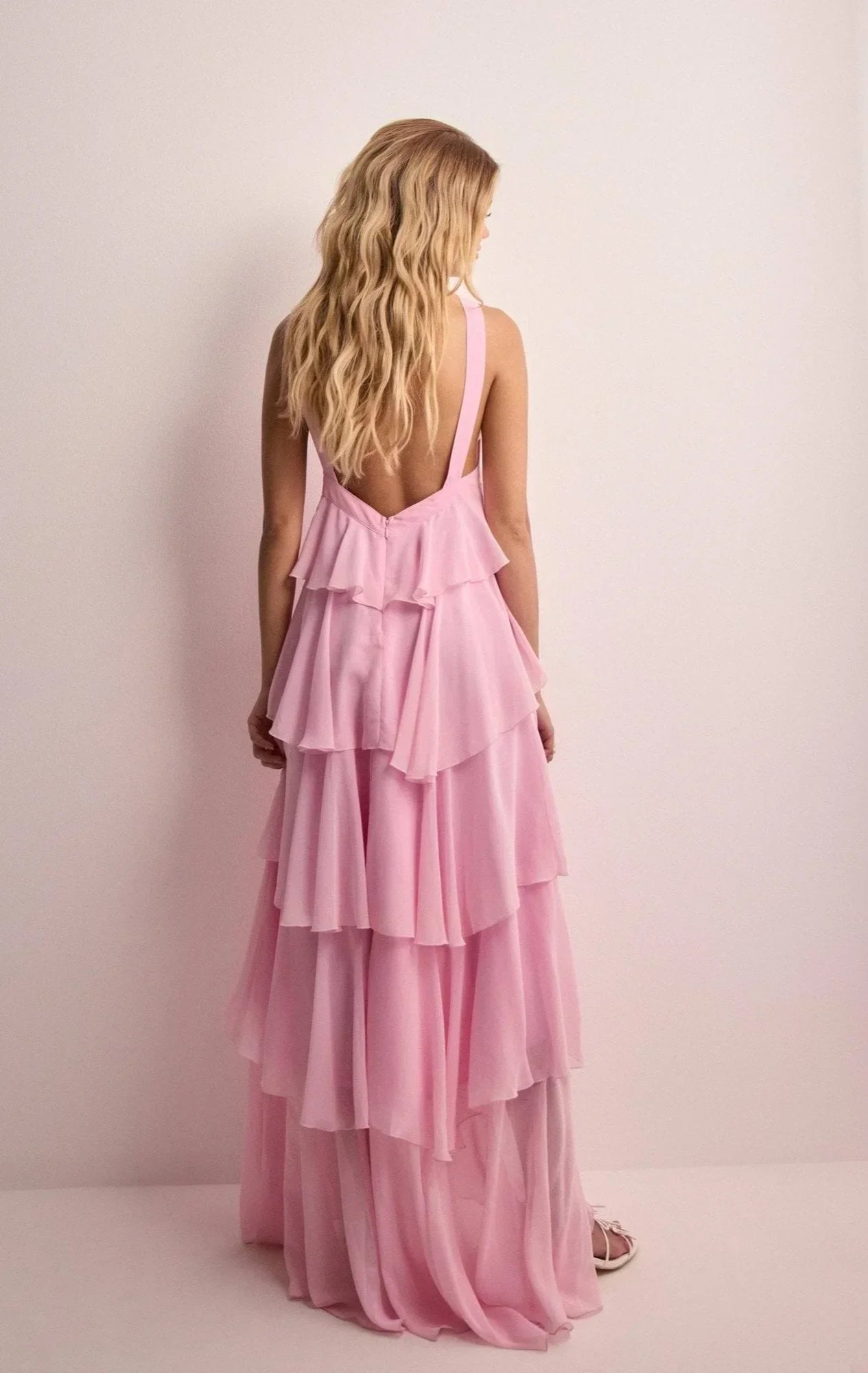 Women's Soft Pink Halter Layered Ruffle Maxi Dress