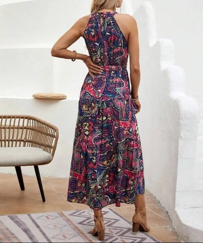 Women's Halter Neck Maxi Dress with Bohemian Print and Pockets