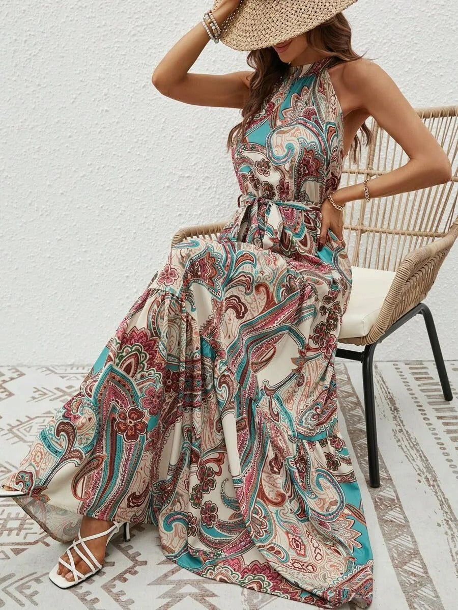 Women's Halter Neck Maxi Dress with Bohemian Print and Pockets