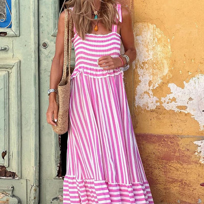 Women's Striped Maxi Dress with Smocked Bodice and Tie Straps