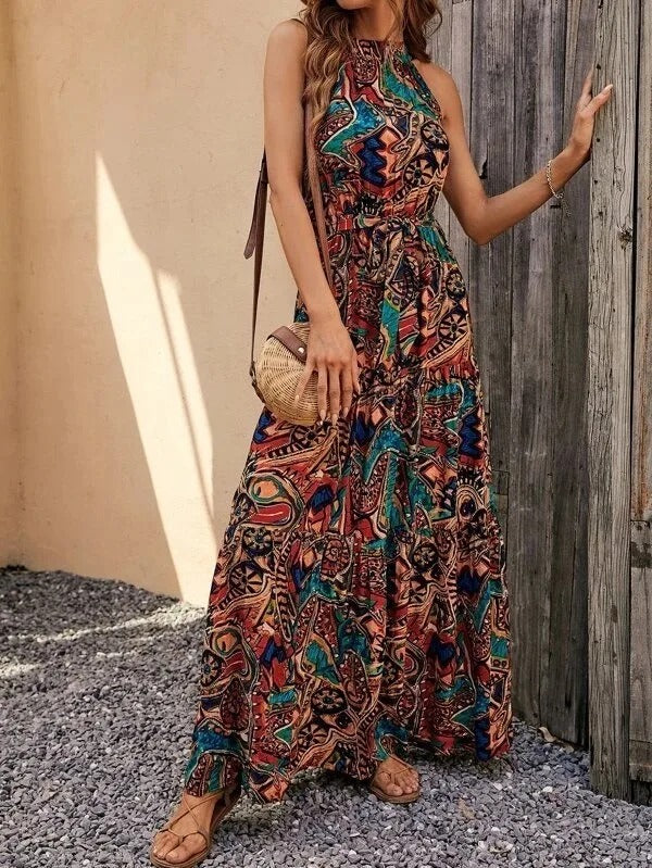 Women's Halter Neck Maxi Dress with Bohemian Print and Pockets