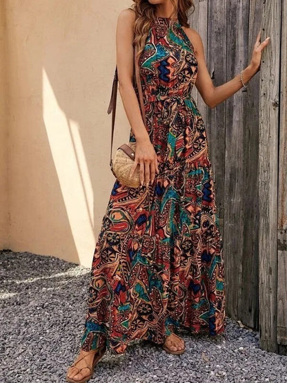 Women's Halter Neck Maxi Dress with Bohemian Print and Pockets