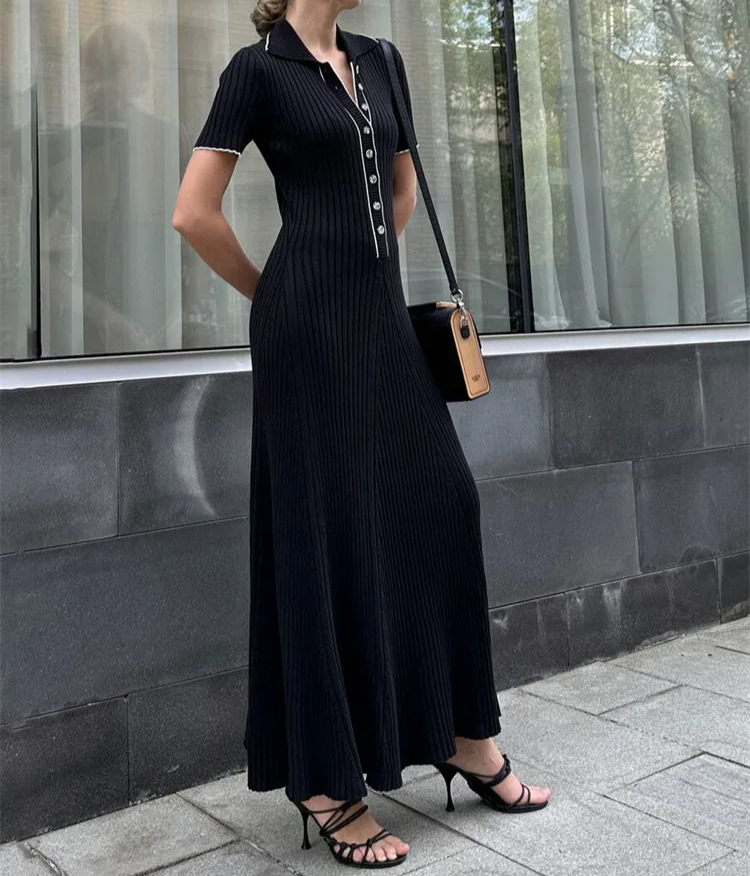 Women's Ribbed Knit Maxi Dress with Button Front and Polo Collar