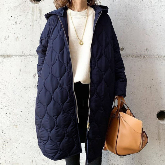Women's Quilted Hooded Coat with Full Zip and Long Silhouette