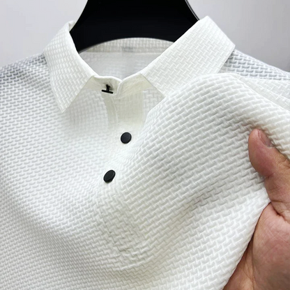 Men's Textured Short Sleeve Polo Shirt with Modern Button Detail