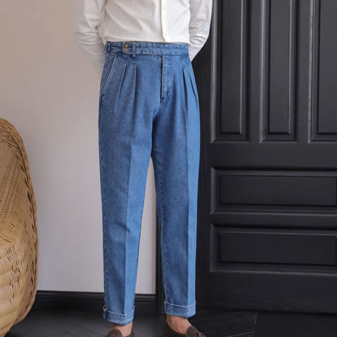 British Style High-Waist Men's Straight-Leg Jeans – Drooping Curl Hem Suit Pants