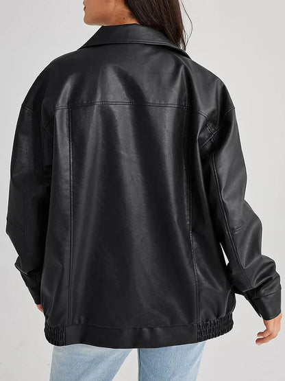 Women's Oversized Leather Bomber Jacket with Zipper Front