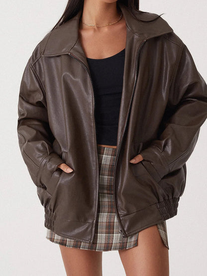 Women's Oversized Leather Bomber Jacket with Zipper Front